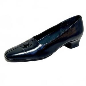 Vintage Magdesians Size 8.5M California Black Leather Block Kitten Heel Pumps